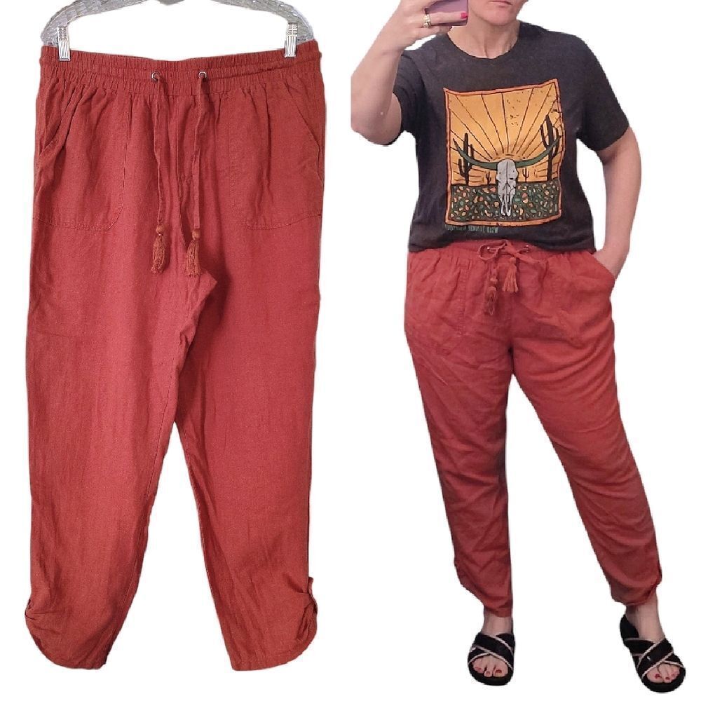 SoundStyle‎ Country Rust Linen Blend Elastic Waist Convertible Pants Large